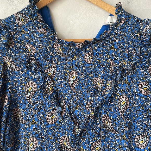 Anthropologie Maria dress, blue paisley ruffle bib prairie long sleeve western - Picture 6 of 10